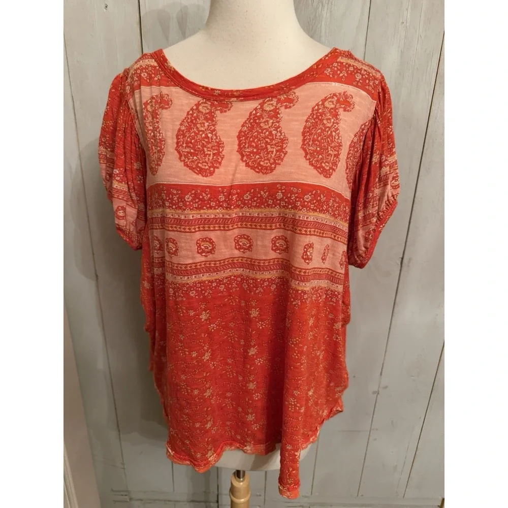 Free People Fruit Punch Combo Top S Paisley Boho Puff‎ Sleeves Oversized Red